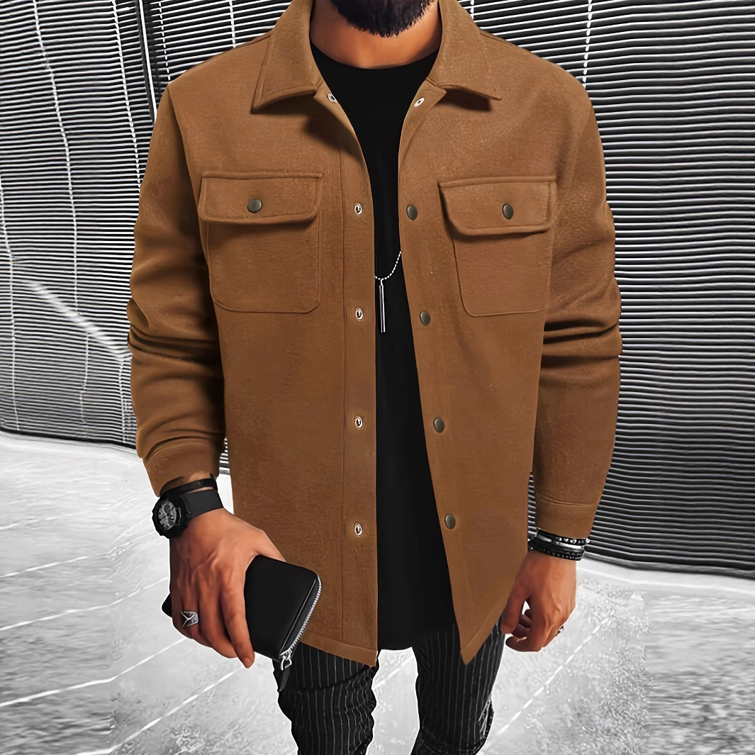 Men's Button Front Overcoat with Flap Pockets | Slim Fit Coat