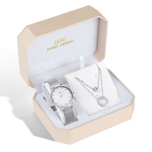 women’s quartz watch and necklace gift set with stainless steel mesh band