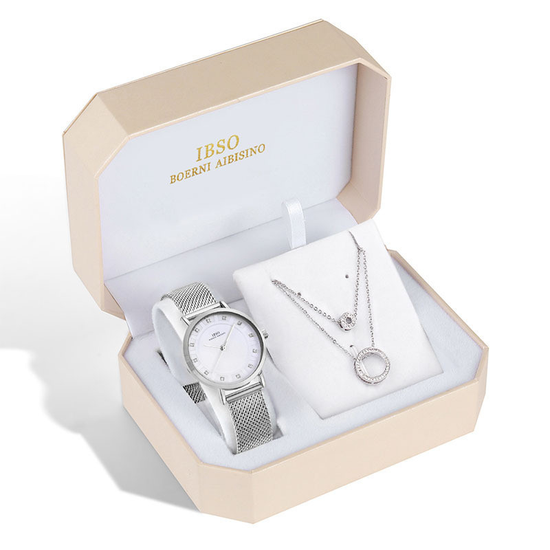 women’s quartz watch and necklace gift set with stainless steel mesh band