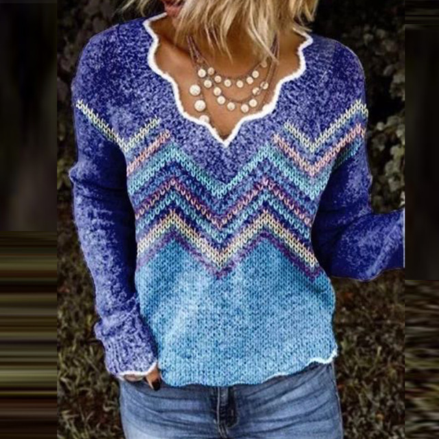 Women’s Printed V-Neck Long Sleeve T-Shirt – Casual Loose Fit Pullover Top