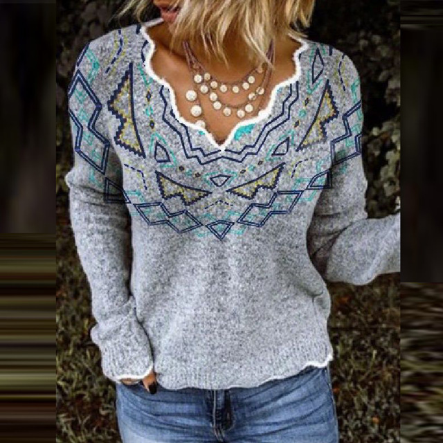 Women’s Printed V-Neck Long Sleeve T-Shirt – Casual Loose Fit Pullover Top