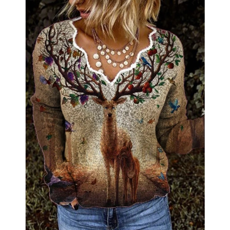 Women's Printed V-Neck Long Sleeve T-Shirt – Casual Loose Fit Pullover Top - Image 2