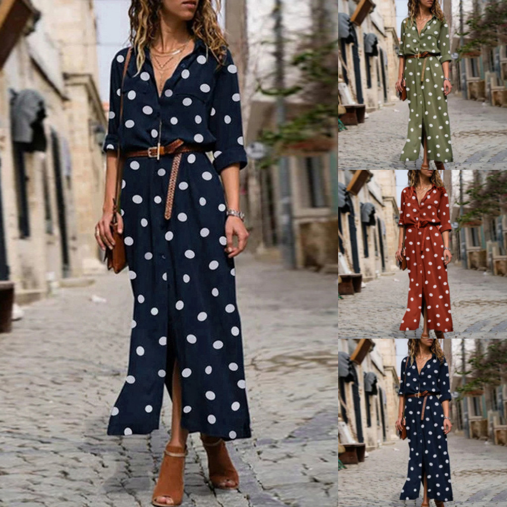 Women’s Polka Dot Maxi Shirt Dress