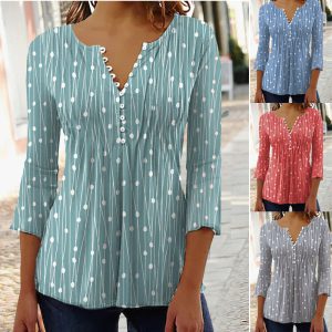 Women’s Printed V-Neck Blouse | Casual Long Sleeve Shirt