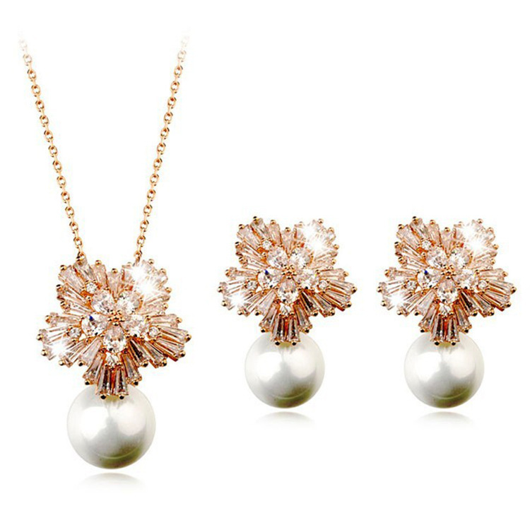 high-grade pearl necklace and zircon earrings jewelry set for women