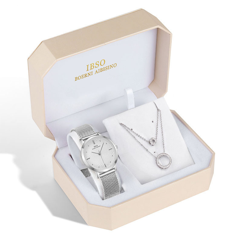 women’s quartz watch and necklace gift set with stainless steel mesh band