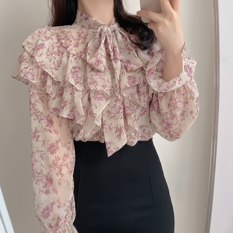 Women's Floral Tie Neck Blouse - Image 5