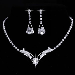 silver plated water drop crystal necklace and matching earrings jewelry set for women