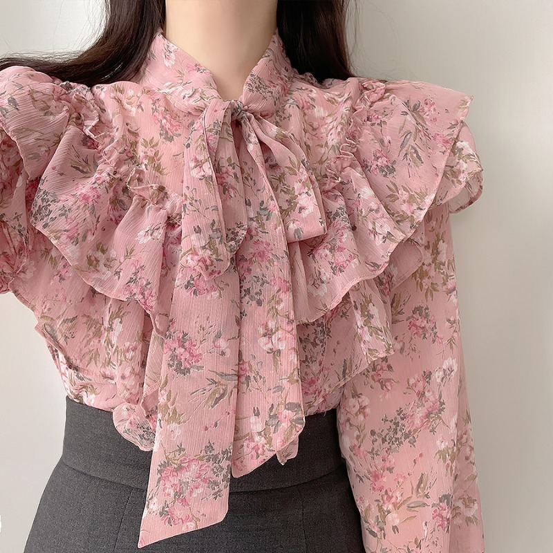 Women's Floral Tie Neck Blouse - Image 4