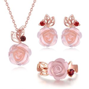 rose quartz jewelry set in 925 sterling silver with 18k rose gold plating