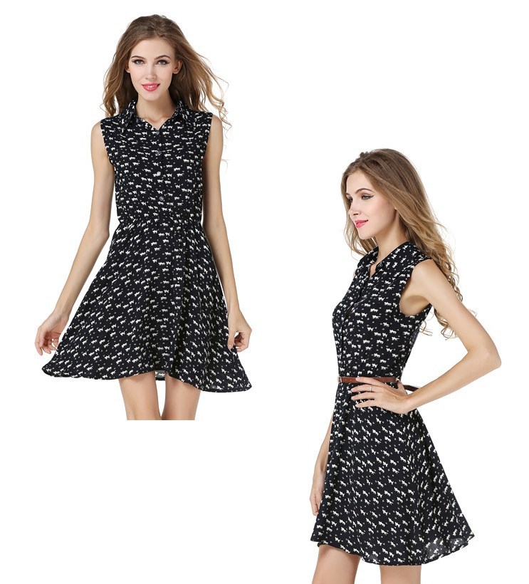 Women’s Cat Print Shirt Dress with Belt – Long Sleeve Slim Fit Mini Dress