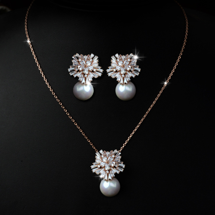 high-grade pearl necklace and zircon earrings jewelry set for women
