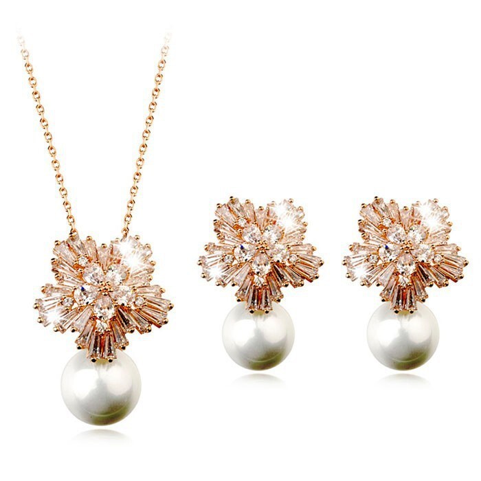 high-grade pearl necklace and zircon earrings jewelry set for women