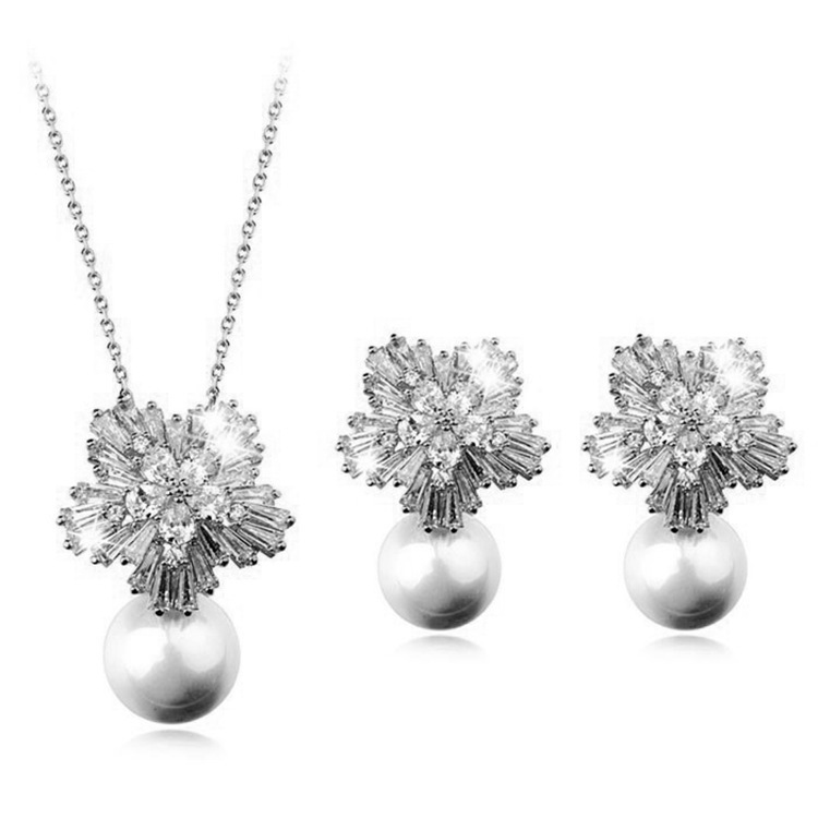 high-grade pearl necklace and zircon earrings jewelry set for women