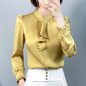 Women's Satin Button-Up Shirt – Long Sleeve Solid Color Fashion Blouse
