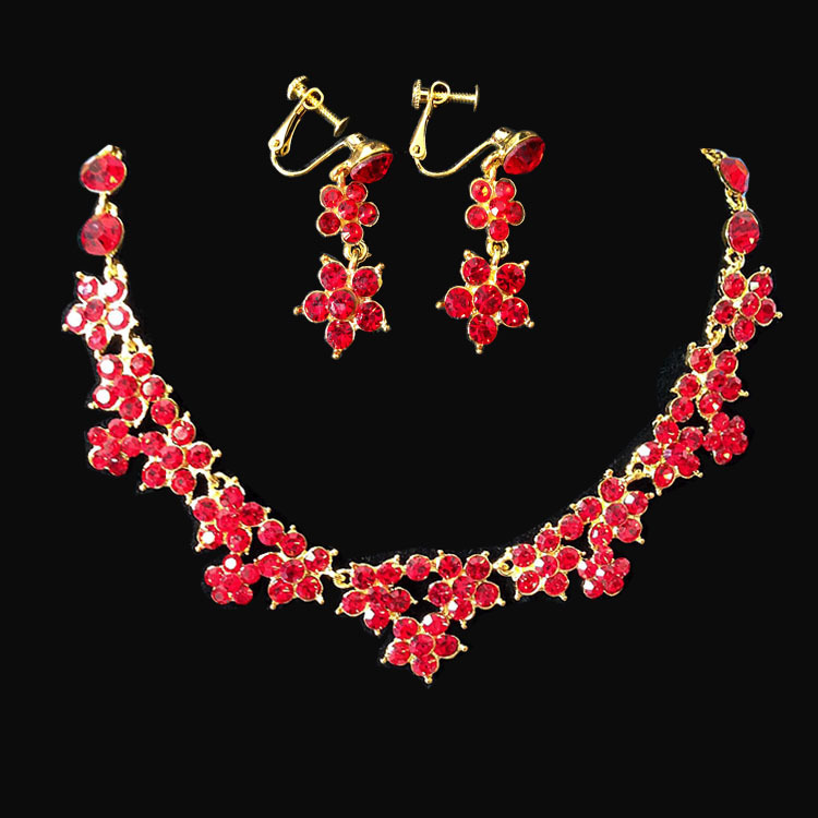 gold-tone floral crystal statement necklace with vibrant red flower-shaped gemstones for women