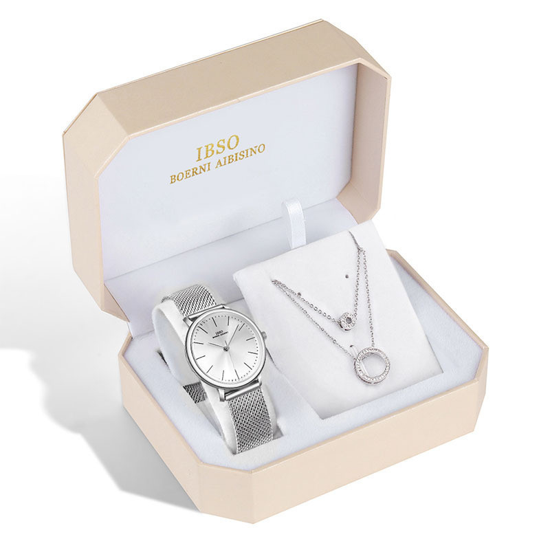 women’s quartz watch and necklace gift set with stainless steel mesh band