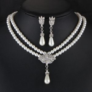 pearl crystal clavicle necklace and matching earrings jewelry set for women