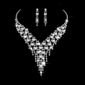 pearl rhinestone statement necklace with matching claw chain drop earrings for women