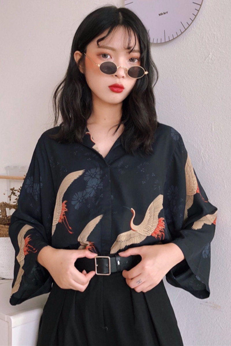 Women’s Vintage Crane Print V-Neck Blouse