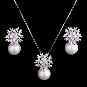 high-grade pearl necklace and zircon earrings jewelry set for women