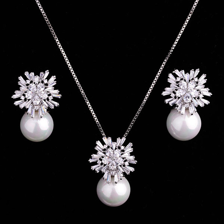 high-grade pearl necklace and zircon earrings jewelry set for women