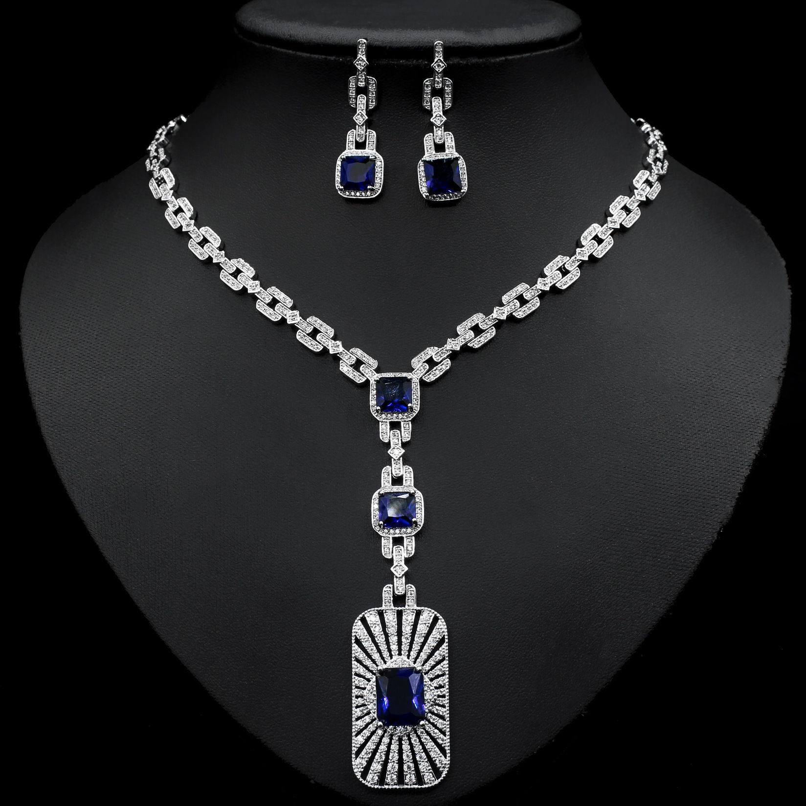 luxury blue zircon necklace and earring jewelry set for women