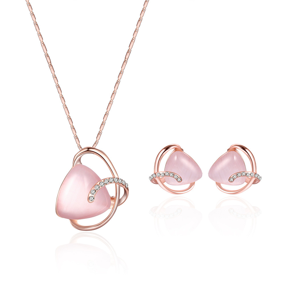 rose gold necklace and earrings jewelry set with pink gemstone accents
