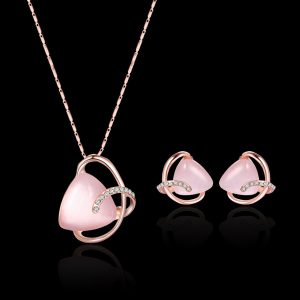 rose gold necklace and earrings jewelry set with pink gemstone accents