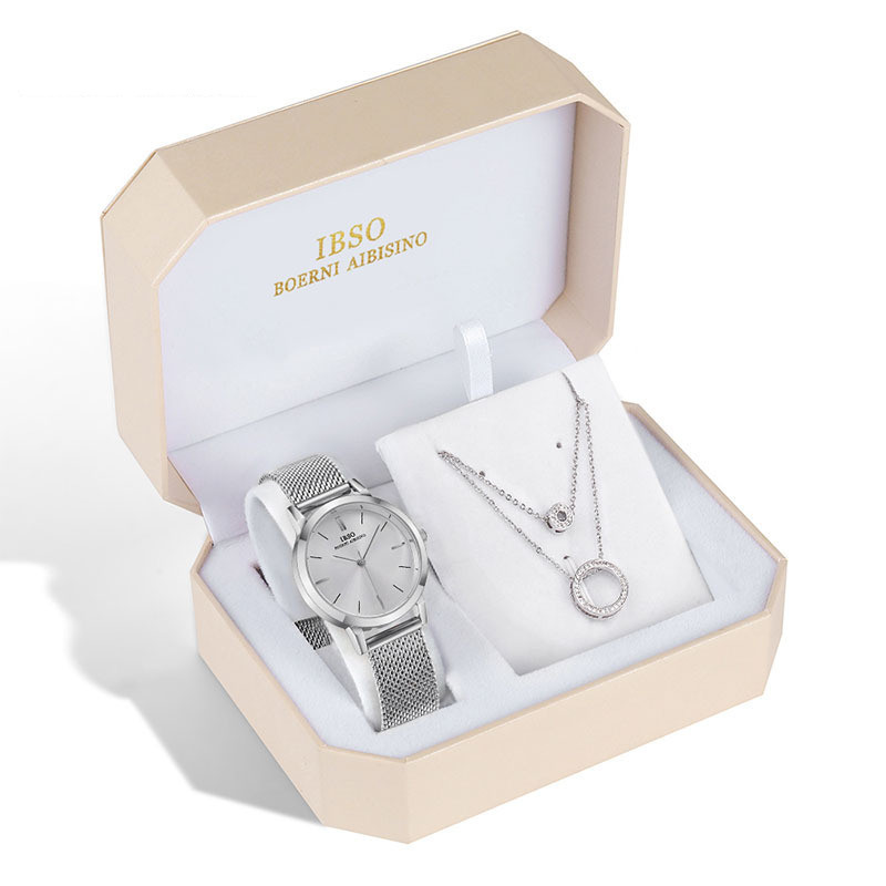women’s quartz watch and necklace gift set with stainless steel mesh band