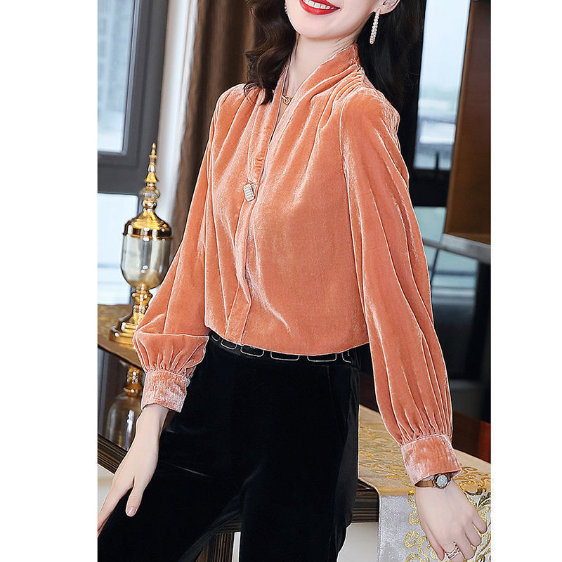 Gold Velvet V-Neck Top | Loose Long Sleeve Blouse - Image 2