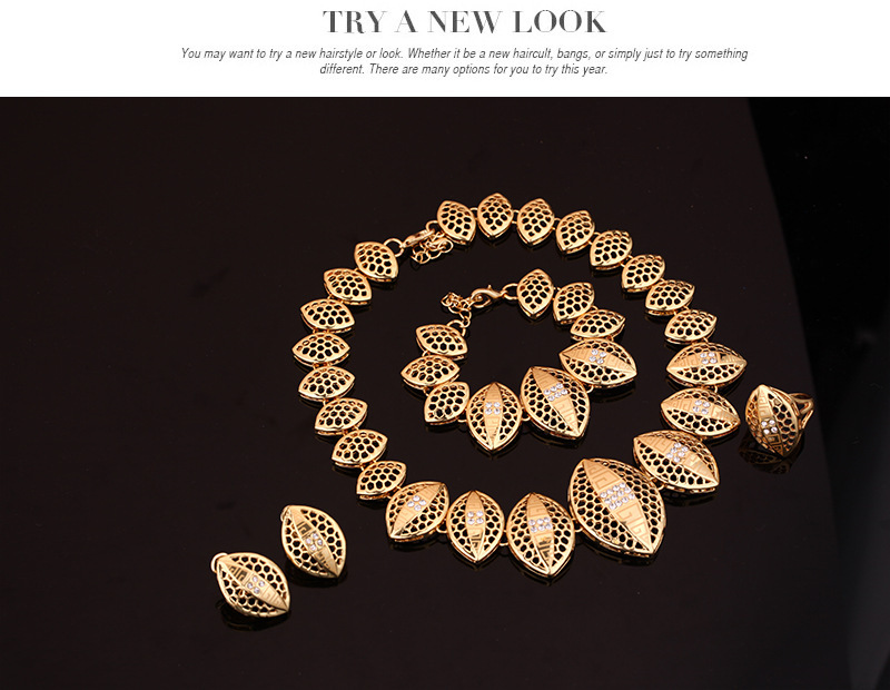 18k gold leaf jewelry set with necklace earrings and bracelet for women