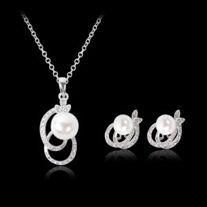 pearl and diamond-inspired necklace and earrings jewelry set for women