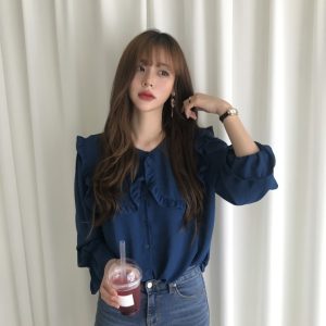 Ladies Long Sleeve Chiffon Shirt – Fashion Lotus Leaf Collar Blouse