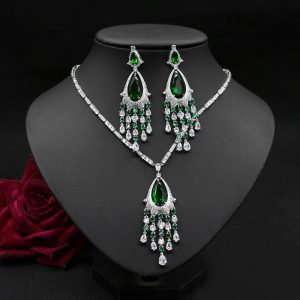 vintage zircon necklace and tassel earrings jewelry set for women