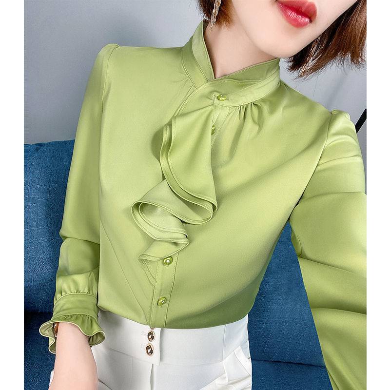 Women's Satin Button-Up Shirt – Long Sleeve Solid Color Fashion Blouse - Image 2