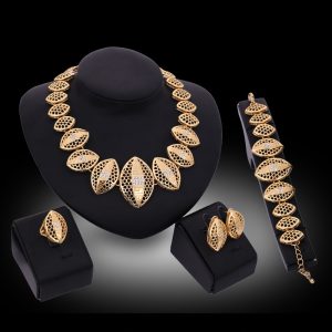 18k gold leaf jewelry set with necklace earrings and bracelet for women