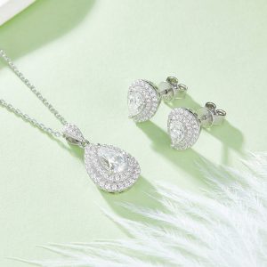 pear shaped moissanite sterling silver jewelry set with ring necklace and earrings