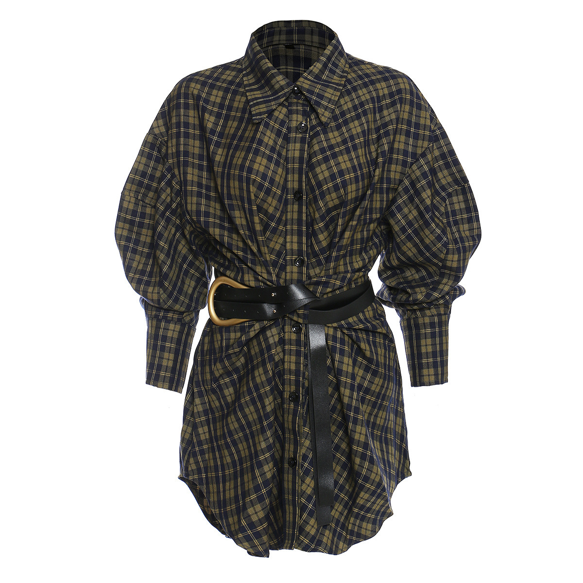 Retro Plaid Belted Shirt Dress