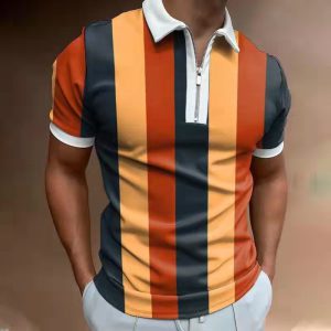 Men's Striped Print Polo Shirt | Short Sleeve Casual Polo Tee