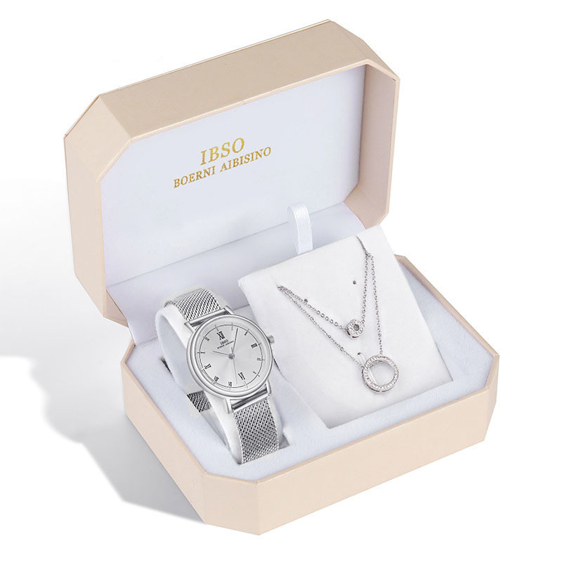 women’s quartz watch and necklace gift set with stainless steel mesh band