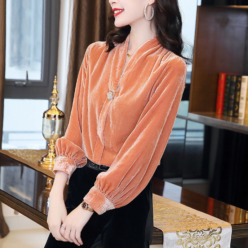 Gold Velvet V-Neck Top | Loose Long Sleeve Blouse