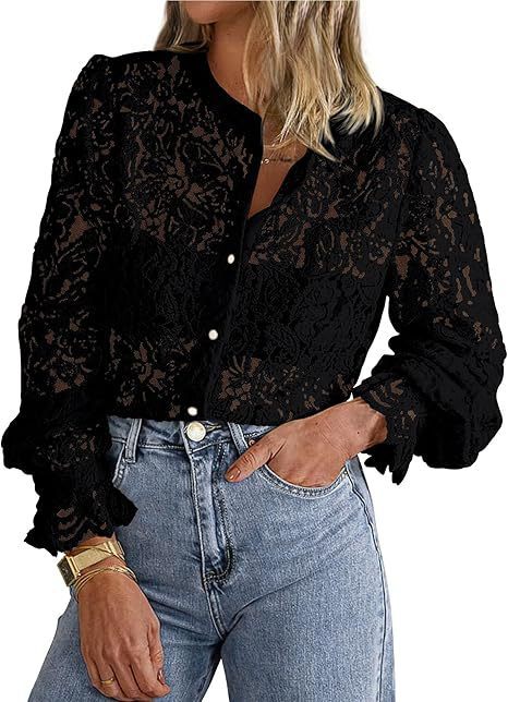 Casual Lace Long Sleeve Shirt | Button Up Blouse - Image 2