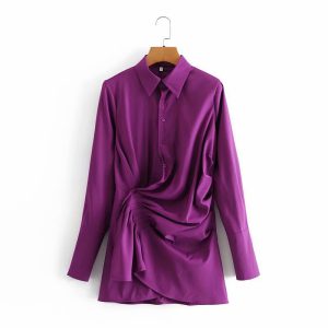 Women's Pleated Wrap Shirt Dress | High Waist Button Dress