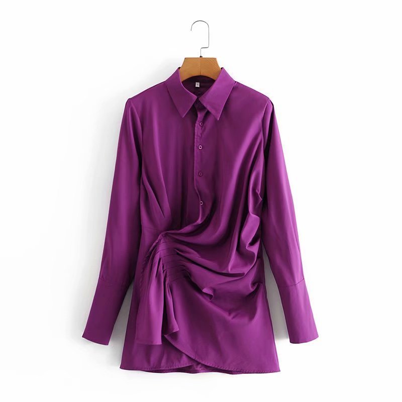 Women's Pleated Wrap Shirt Dress | High Waist Button Dress