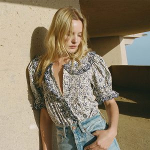 Women’s Vintage Ruffle Collar Blouse | French Resort Print Shirt