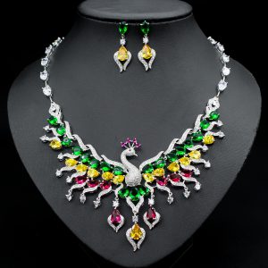 zircon peacock tassel earrings and colorful clavicle necklace jewelry set for women