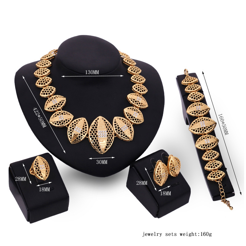 18k gold leaf jewelry set with necklace earrings and bracelet for women