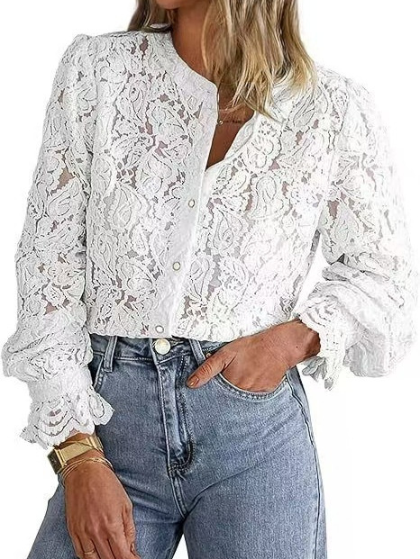 Casual Lace Long Sleeve Shirt | Button Up Blouse - Image 4