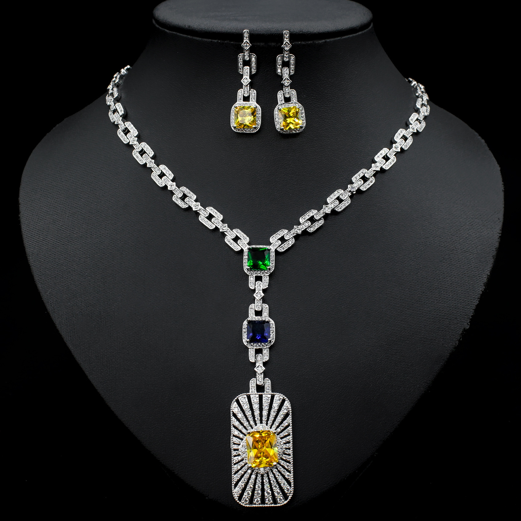 luxury blue zircon necklace and earring jewelry set for women